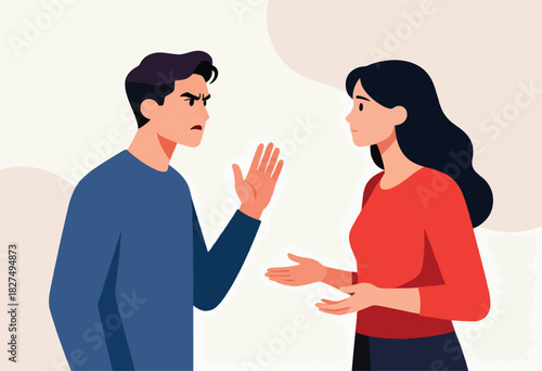 A man argues with a woman in a flat vector illustration, expressing emotions. The woman is listening