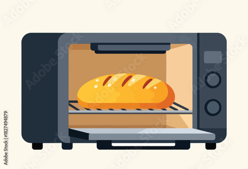 Illustration of a cartoon oven with a loaf of bread inside, baking on the rack