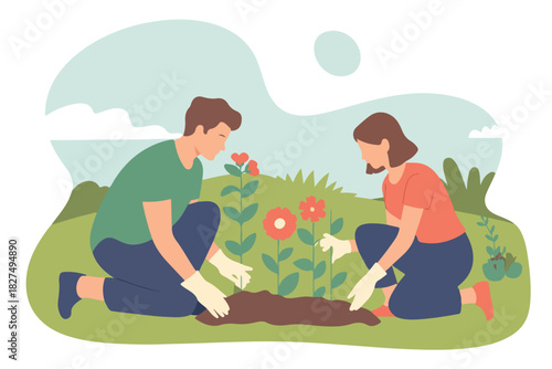 Illustration of a man and woman planting flowers in a garden on a sunny day. They wear gloves