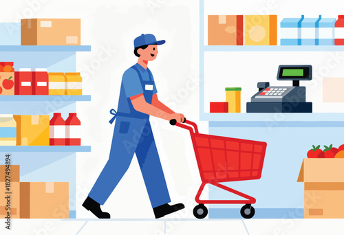A grocery store worker in blue uniform pushes a red shopping cart past stocked shelves and a checkout station