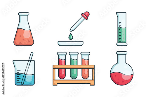 A set of laboratory equipment for chemistry. A glass flask, test tubes in a tripod, a measuring cylinder, a beaker, and a pipette with colored liquids