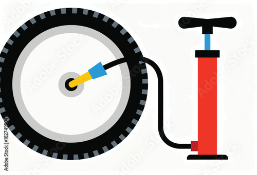 Vector illustration of a bike tire with a pump connected, depicting inflation with a black hose and a red pump