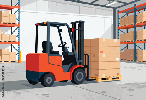 Illustration of a forklift transporting stacked boxes in a warehouse, with warehouse shelving in background