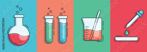 A set of chemistry posters with laboratory equipment, glassware, and colored reagents. A flask, test tubes, a pipette with a Petri dish, and a glass with a glass rod.