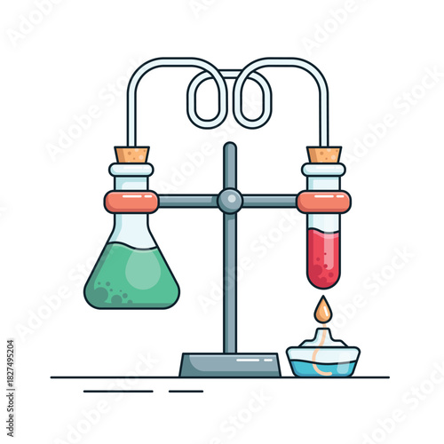 Laboratory chemical experiment. Test tube and flask in a tripod over a burner. The concept of scientific research, chemical analysis, and the production of new substances