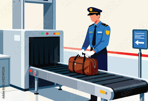 A security officer, uniformed, at an airport bag scanner with a brown bag on the conveyor. Direction sign is present