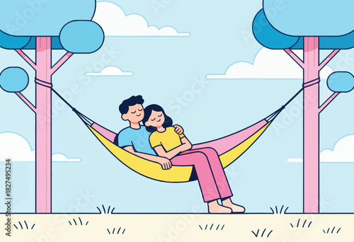 A cartoon couple relaxes in a hammock between two pastel trees. Sky is light blue with fluffy clouds