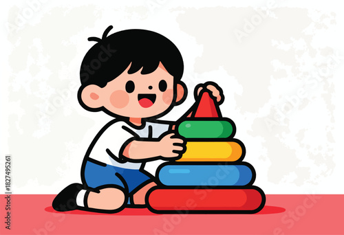 Cartoon illustration of a cheerful child playing with a colorful stacking toy. The child is smiling while assembling the pyramid