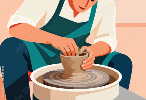 Illustration of a person molding clay on a pottery wheel, shaping a vase or bowl, in a studio setting