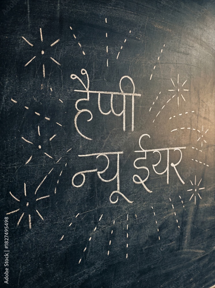 Fototapeta premium Happy new year message in hindi, chalk art on a dark blackboard with festive sparkler drawings