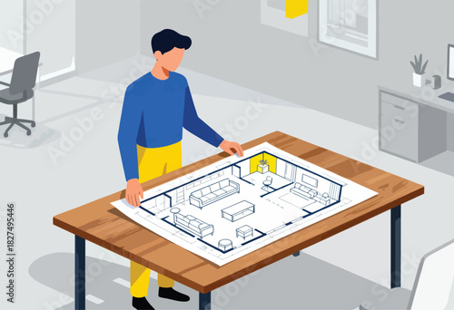 An architect in a minimalist style, reviewing a blueprint of a living space on a wooden table