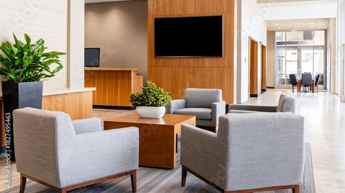Modern Hotel Lobby with Gray Armchairs Wood Accents and Natural Light.