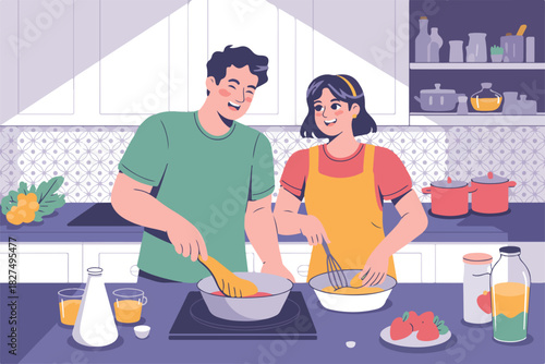 A couple is happily cooking together in a stylized kitchen, focused on mixing and stirring ingredients