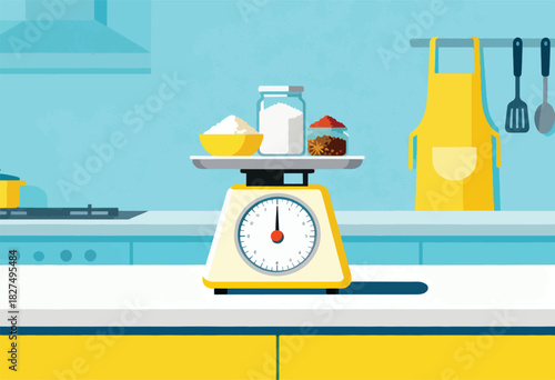 A kitchen scene with a scale weighing ingredients, a yellow apron, and utensils. Baking or cooking process
