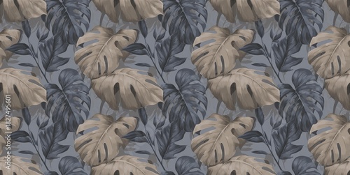 A seamless pattern featuring lush tropical leaves in muted tones, creating a calming and exotic atmosphere for interior design.