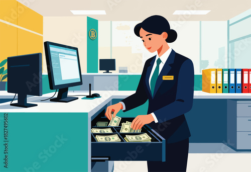 A bank employee in a dark suit is arranging cash in a drawer at a teller station