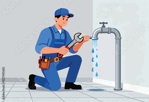 A blue-clad plumber kneels, using a wrench on a leaky faucet. Water drips down as he works, on a tiled floor