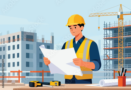 A smiling construction worker in a safety vest and helmet examines blueprints at a jobsite with crane and buildings