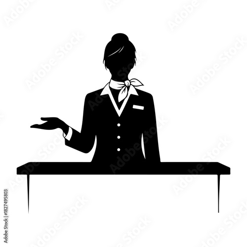 Silhouette of a woman in uniform behind a desk with hand outstretched