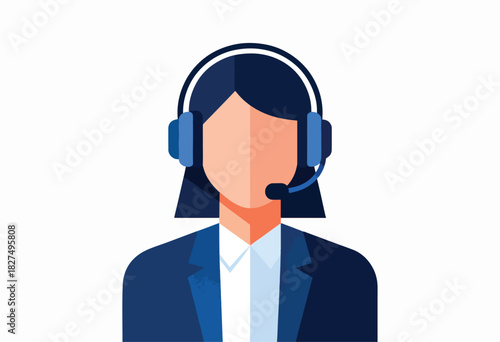 Illustration of a faceless person wearing a headset and a business suit. Simple, flat design on white