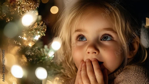 Enchanted child gazes at christmas tree lights in wonder