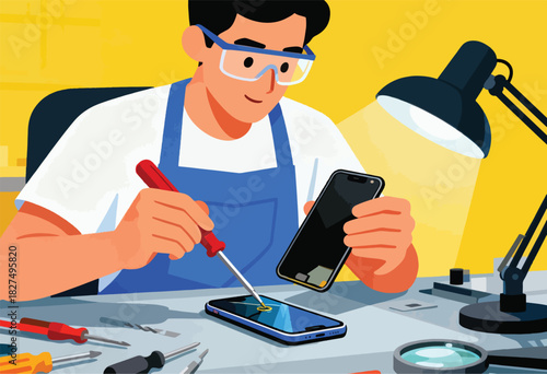 Illustration shows a man fixing a phone with tools, lit by a desk lamp. He wears glasses, apron & smiles
