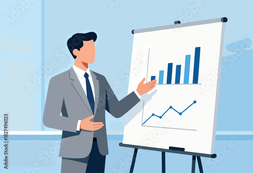 A business professional presents financial data on a whiteboard in a modern office, using graphs