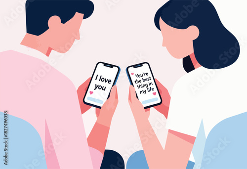 Two simplified figures, backs to the viewer, holding phones with "I love you" and "You're the best" texts