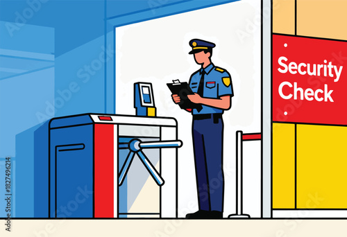 A uniformed security officer, holding a clipboard, stands before a turnstile and a "Security Check" sign