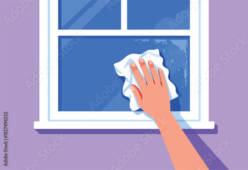 Illustration depicts a hand with a white cloth wiping a windowpane, removing streaks, purple background