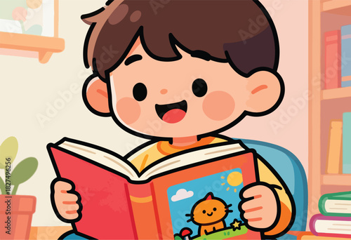 A cheerful cartoon child reads a book with a colorful illustration on the cover, smiling widely
