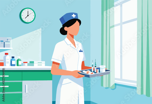 A nurse in white uniform holds a tray with medicine.  A clock and window are in the background