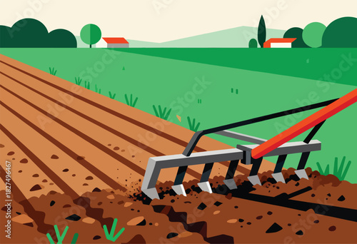 A stylized illustration shows a farm field being tilled with a large rake, with houses and green fields in the background
