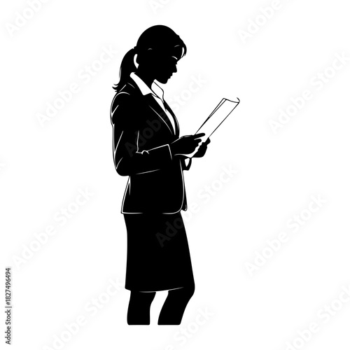 Silhouette of a woman in a suit reading a document in black and white