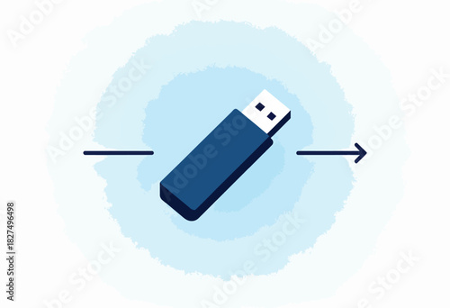 A blue USB flash drive with data transfer arrows against a watercolor-style background