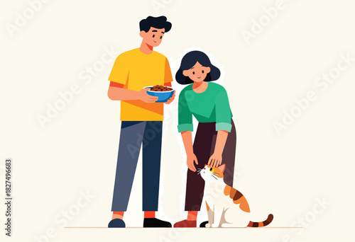 Illustration of a couple with a cat. One holds cat food, the other pets the cat on the head. Light background