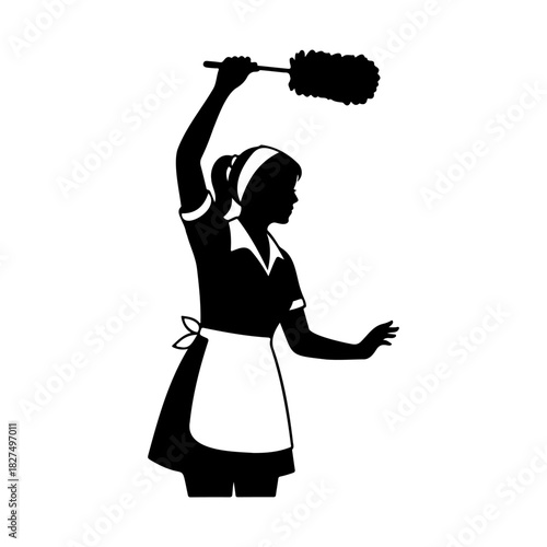 Silhouette of woman in maid uniform dusting with feather duster overhead
