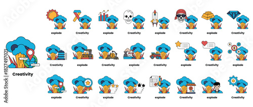 set of illustrations in the concept of bombs and creativity in a line style