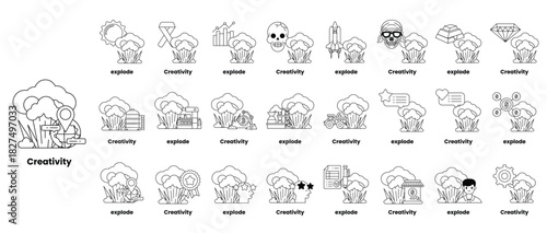 set of illustrations in the concept of bombs and creativity in a line style