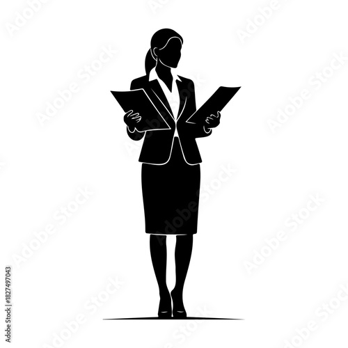 Silhouette of a woman in a suit holding documents in both hands reading