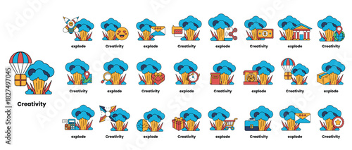set of illustrations in the concept of bombs and creativity in a line style