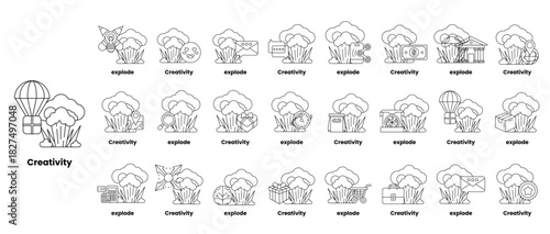 set of illustrations in the concept of bombs and creativity in a line style