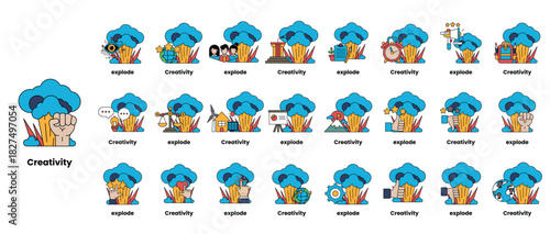 set of illustrations in the concept of bombs and creativity in a line style