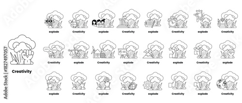 set of illustrations in the concept of bombs and creativity in a line style