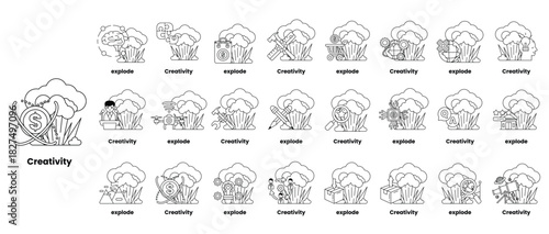 set of illustrations in the concept of bombs and creativity in a line style