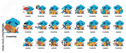 set of illustrations in the concept of bombs and creativity in a line style