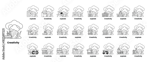 set of illustrations in the concept of bombs and creativity in a line style