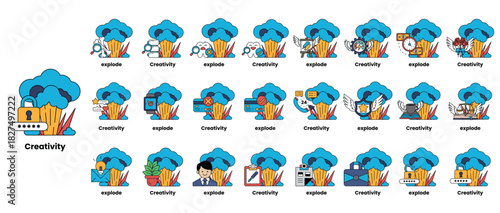 set of illustrations in the concept of bombs and creativity in a line style