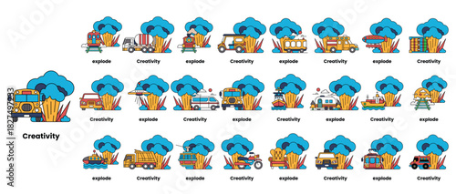 set of illustrations in the concept of bombs and creativity in a line style