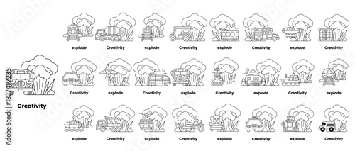 set of illustrations in the concept of bombs and creativity in a line style